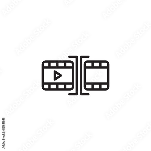 Two filmstrips connected on icon. Symbol for a video editing function to divide clips. Editable icon.