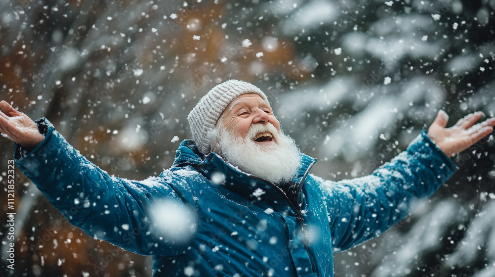 Joyful Senior Man in Winter Wonderland Snow Falling Happy Elderly Outdoors Joyful Senior Man in Winter Wonderland Snow Falling Happy Elderly Outdoors