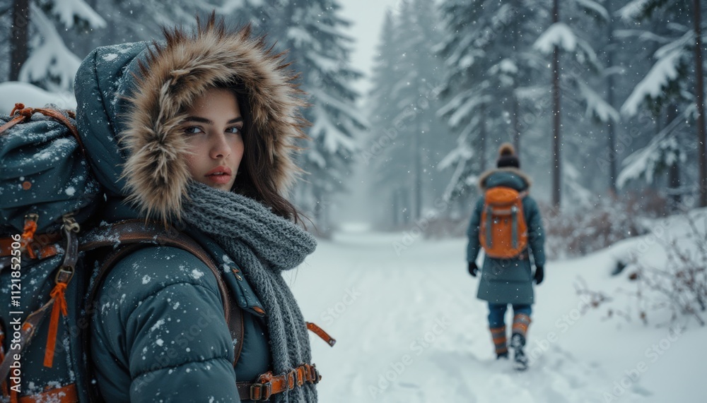 Fototapeta premium Snowy forest trails a winter hiking experience