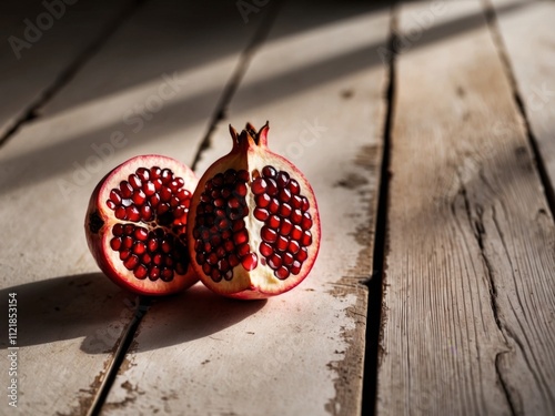 Pomegranates with seeds exposed on a wooden surface. photo