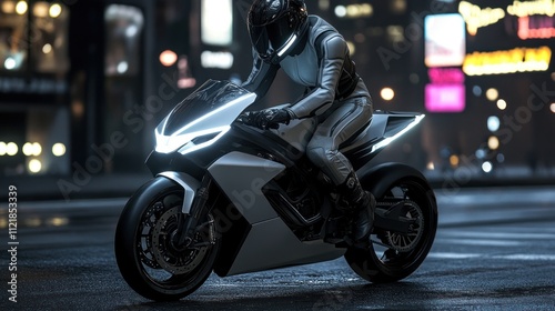 Futuristic motorcycle rider in a neon urban setting  photo