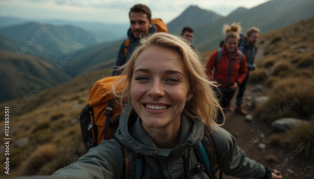 Adventure hiking group mountain trail outdoor activity scenic landscape close-up view team bonding Adventure hiking group mountain trail outdoor activity scenic landscape close-up view team bonding