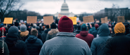A large crowd of protesters are gathered outside the White House