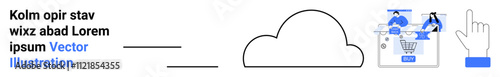 Cloud image with text, man and woman shopping cart graphic and a cursor hand. Ideal for e-commerce, digital storage, online services, tech support, web hosting, Dropbox, Google Drive integration