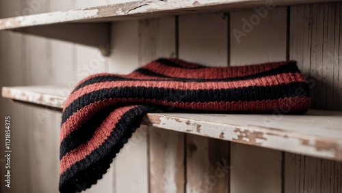 Cozy Red and Black Striped Knit Scarf on Rustic Wooden Shelf. photo