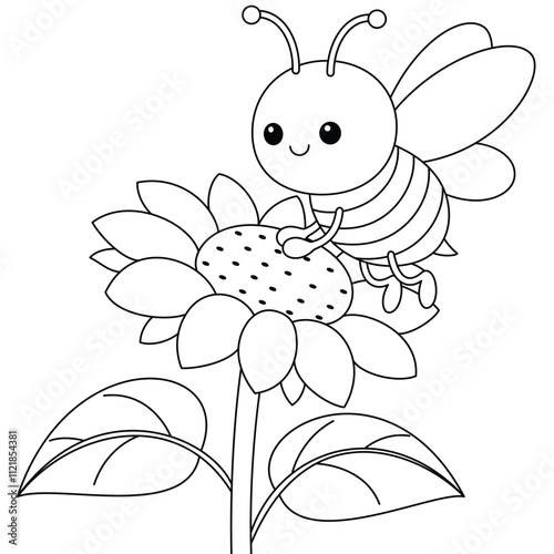 Cute kawaii cartoon character bee on a sunflower coloring page, vector printable worksheets for preschool.