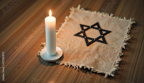 Candle of Remembrance with Black Jewish Star on Fringed Burlap Mat photo