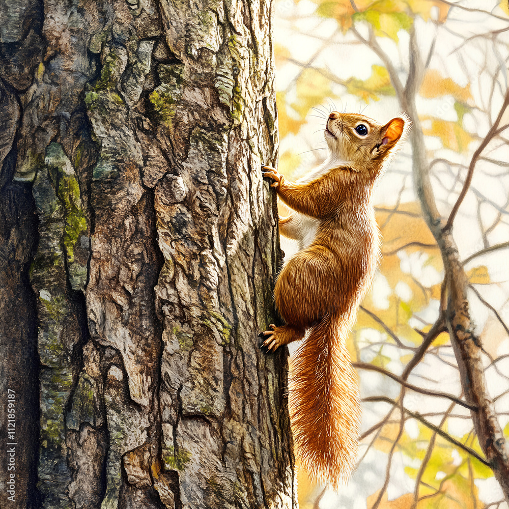 Obraz premium A curious red squirrel peeks behind a tree trunk