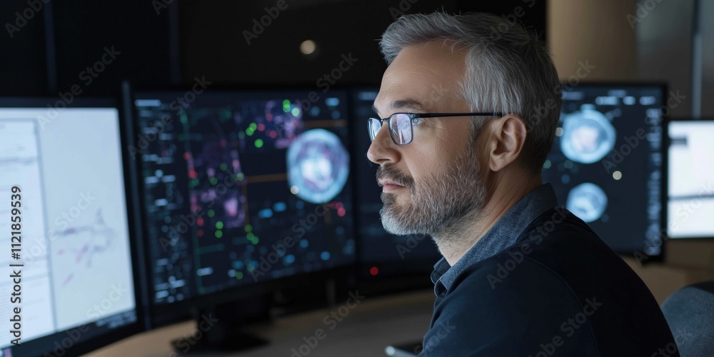 A man in glasses is looking at a computer monitor with three screens. He is focused on the screen in front of him A man in glasses is looking at a computer monitor with three screens. He is focused on the screen in front of him