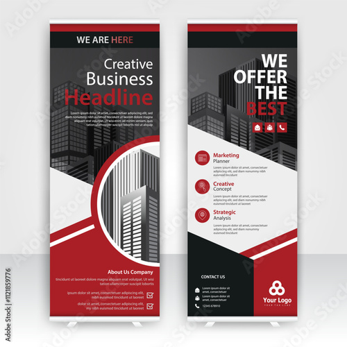 Modern design of annual report display stands showcasing professional graphics in an office environment with red color