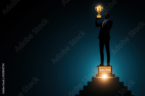 Self development concept for enhancing productivity and achieving success. Silhouette of a businessman holding a trophy, symbolizing success and achievement photo