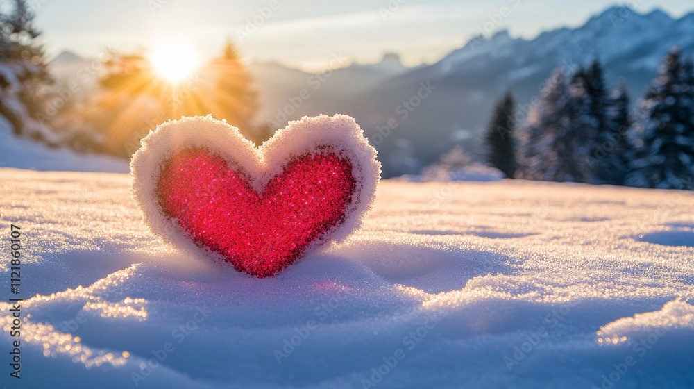 Fototapeta premium A heart shape drawn in the snow surrounded by sparkling crystals and mountains.