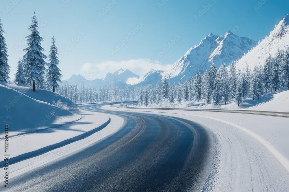 Flawless Visual of Winter Road,Covered with Snow on Sunny Day, High Detail, 8K Flawless Visual of Winter Road,Covered with Snow on Sunny Day, High Detail, 8K