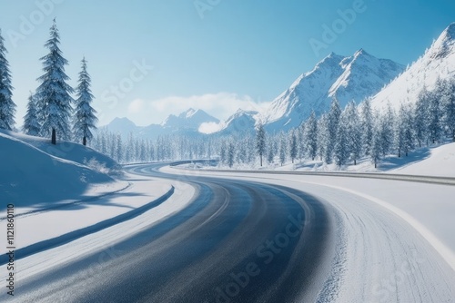 Flawless Visual of Winter Road,Covered with Snow on Sunny Day, High Detail, 8K