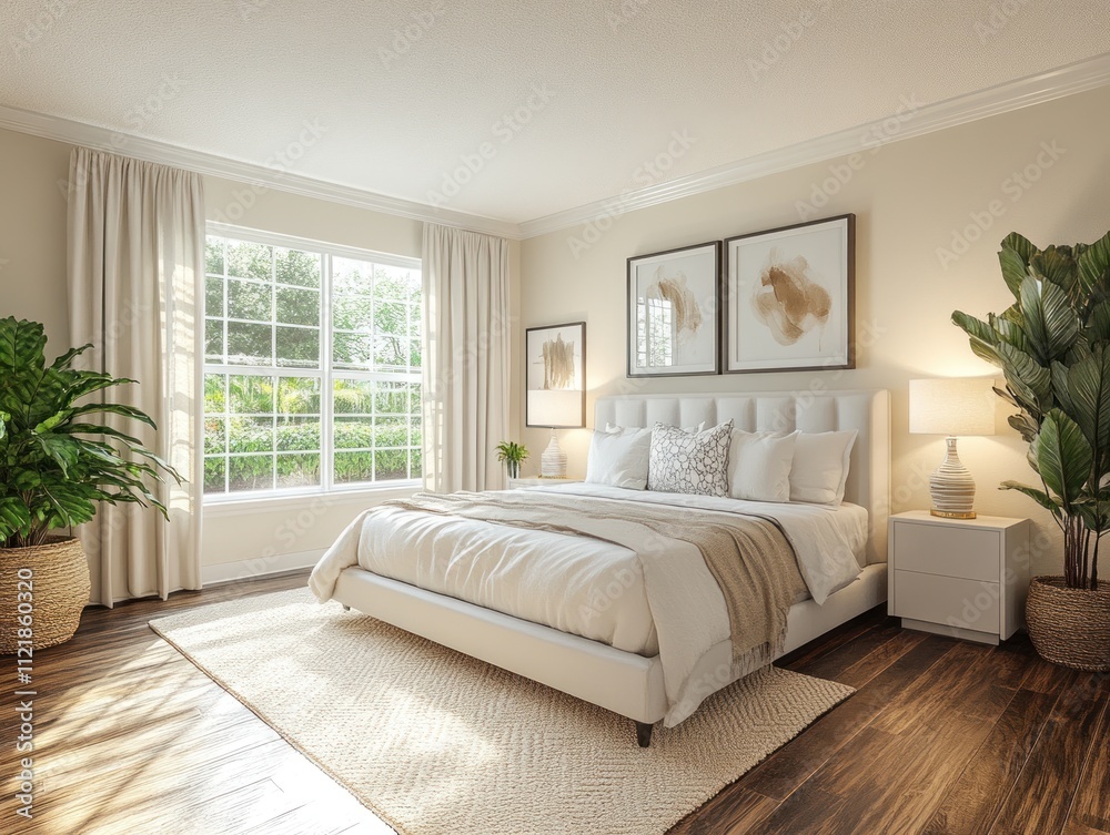 Modern minimalist bedroom with natural light and cozy decor, AI generated Modern minimalist bedroom with natural light and cozy decor, AI generated