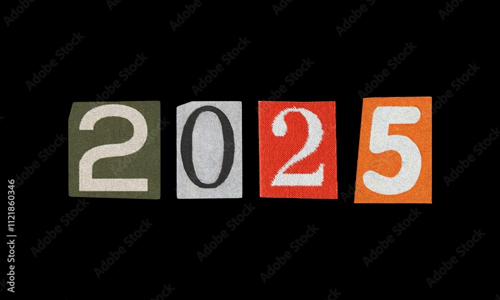 Text with 2025 new year, black background, y2k retro Ransom style, cut-out numbers from magazines Text with 2025 new year, black background, y2k retro Ransom style, cut-out numbers from magazines
