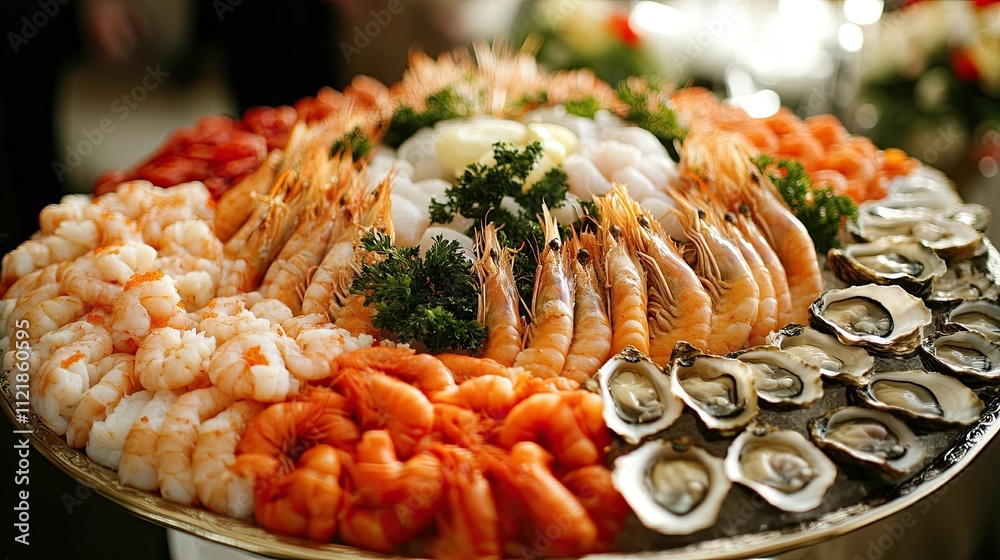 A platter of fresh seafood, featuring ice-served shrimp and oysters A platter of fresh seafood, featuring ice-served shrimp and oysters