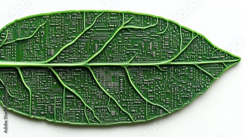 a microchip in a leaf, techbiology fusion, futuristic design, metallic green, isolated on white background photo