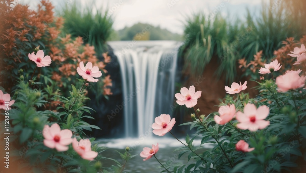 Pink Flowers Bloom Near Waterfall Lush Green Foliage. Pink Flowers Bloom Near Waterfall Lush Green Foliage.