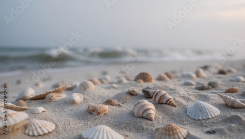 Tranquil Beach Scene with Soft Sand and Seashells. photo