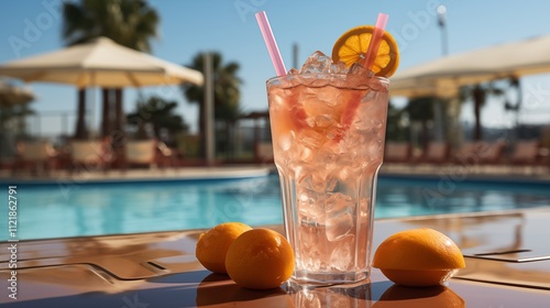Close-up of a refreshing beverage on a poolside table, set against a sunny aqua park backdrop.