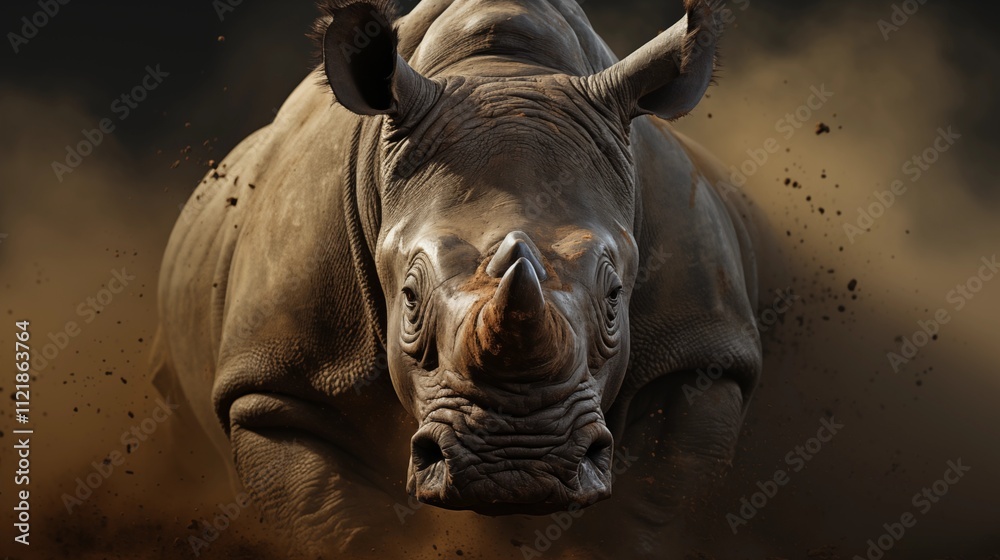 A dramatic scene of a rhino running through a dusty landscape, silhouetted against black. A dramatic scene of a rhino running through a dusty landscape, silhouetted against black.