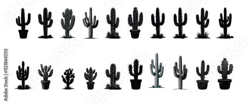 Set of Cactus Silhouettes in Pots and Ground