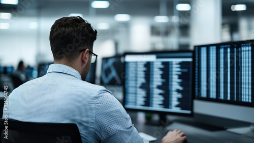 performance optimization assessment concept. Person working on multiple computer screens in a modern office setting.