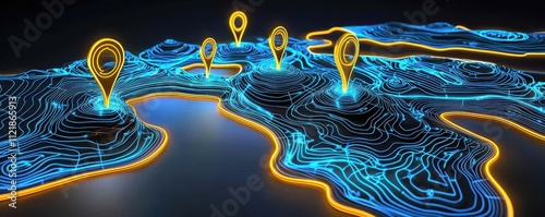 A futuristic map visualization featuring glowing topographic lines and location markers in a digital landscape.