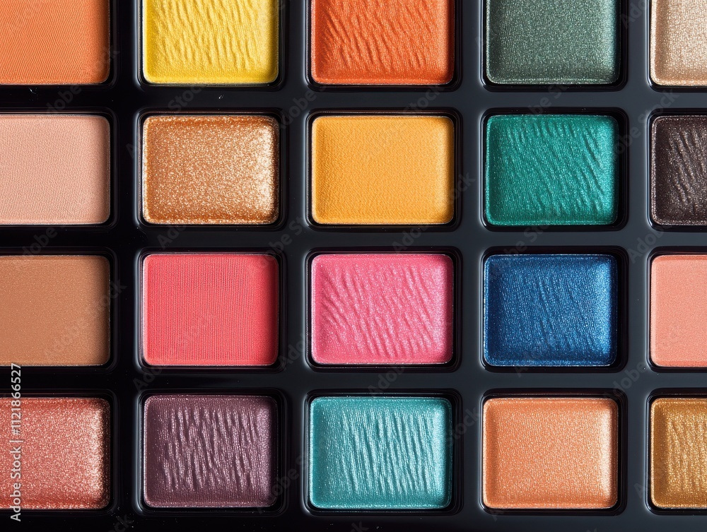 Vibrant palette of eye shadow colors in various textures, perfect for makeup enthusiasts and beauty creators. Vibrant palette of eye shadow colors in various textures, perfect for makeup enthusiasts and beauty creators.