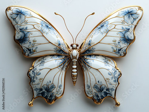 a beautifully ornate butterfly with intricate gold designs on its wings, featuring shades of blue and white. The butterfly is set against a plain background, highlighting its detailed craftsmanship.