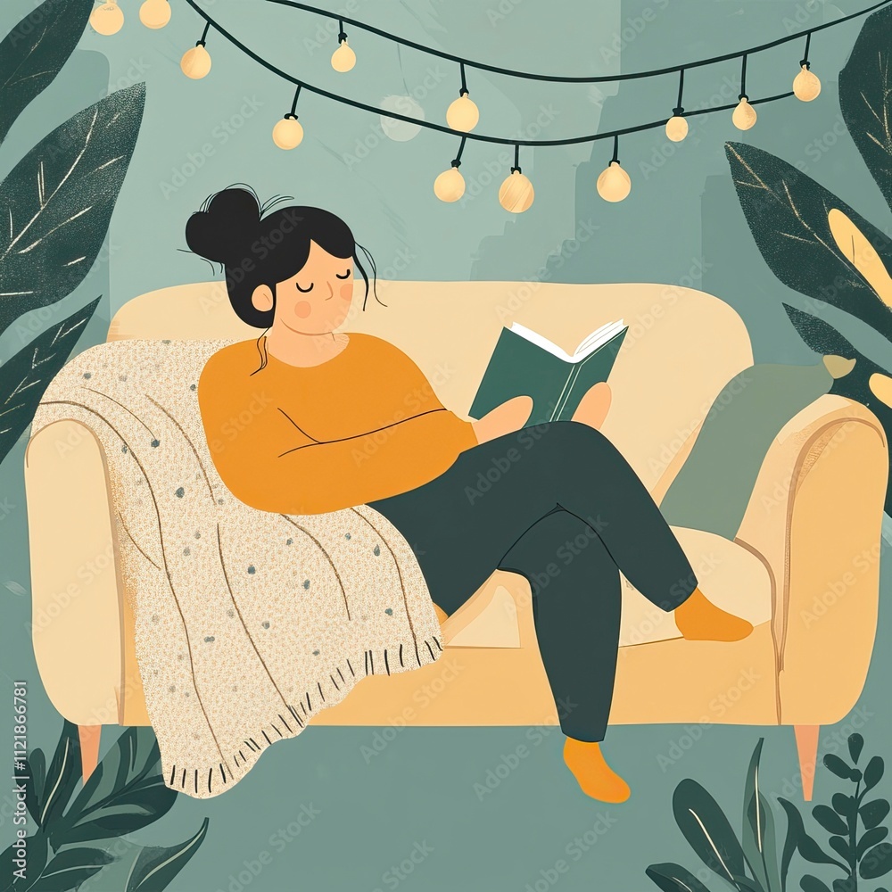 Obraz premium Relaxing at Home Vector Illustration for Post-New Year Vibes, Relaxation and Recovery Scenes, Happy New Year, New year eve, Happy Christmas