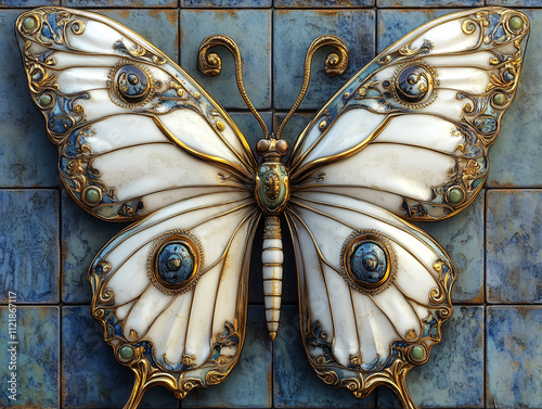 a beautifully ornate butterfly with intricate gold designs on its wings, featuring shades of blue and white. The butterfly is set against a plain background, highlighting its detailed craftsmanship.