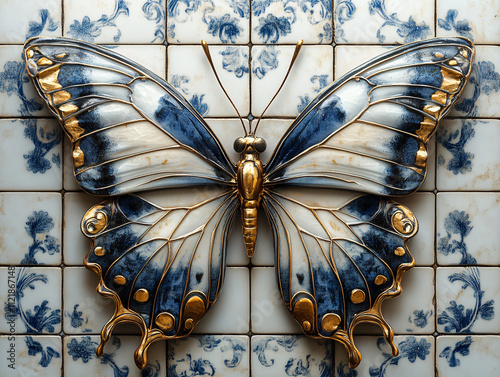 a beautifully ornate butterfly with intricate gold designs on its wings, featuring shades of blue and white. The butterfly is set against a plain background, highlighting its detailed craftsmanship.