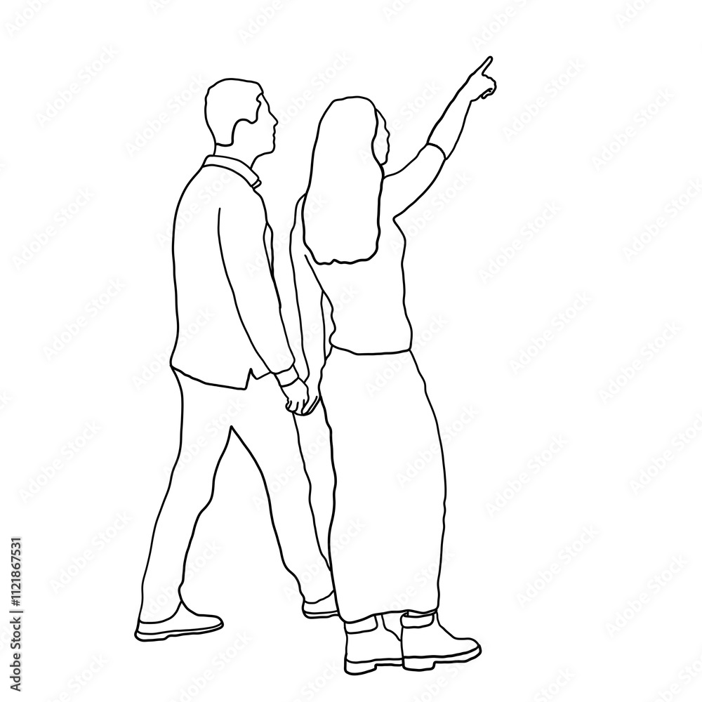 The woman points to something to the man. Drawn by hand The woman points to something to the man. Drawn by hand