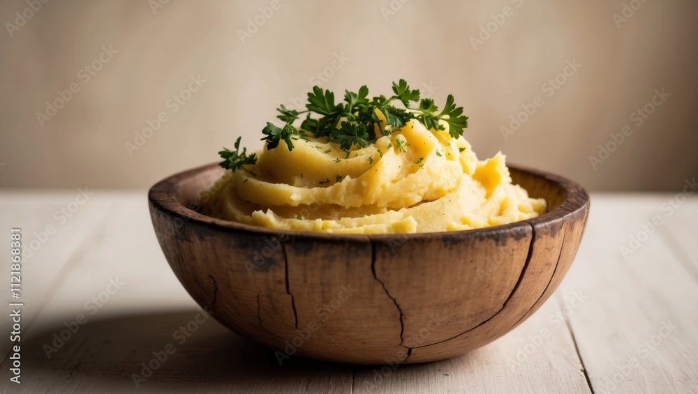 A wooden bowl filled with mashed potatoes and herbs. A wooden bowl filled with mashed potatoes and herbs.