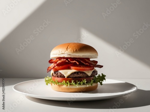 Delicious burger on a bun with cheese lettuce tomato and bacon.