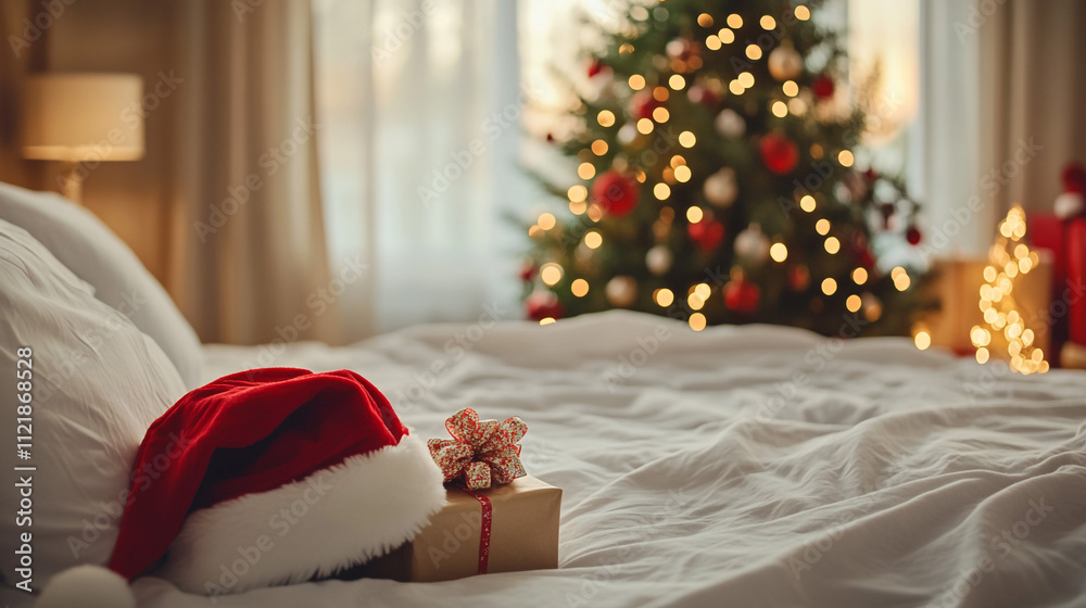 Cozy Christmas Morning Gift Santa Hat on Bed Tree Lights Cozy Christmas Morning Gift Santa Hat on Bed Tree Lights