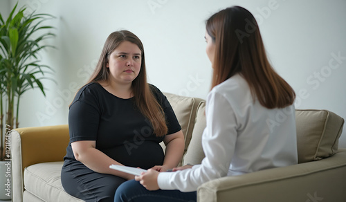 sad fat young woman in a black T-shirt with dark hair at a doctor's appointment