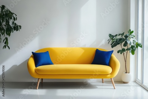 A modern yellow sofa with blue cushions, wooden legs, and a rounded shape in an empty white room with a window on the right side of the frame. The scene is illuminated by natural light coming from beh photo