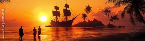 A serene sunset over a tropical beach with a silhouette of a historical ship and palm trees. photo