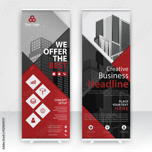 Modern design of annual report display stands showcasing professional graphics in an office environment with red color