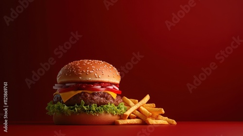 Delicious hamburger with fresh vegetables and fries on a vibrant red background, perfect for food promotion. photo