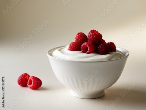 Bowl filled with creamy yogurt topped with fresh red raspberries on a light neutral background. photo