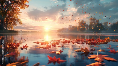 Pofessional Shot on Water during fall of some Orange Leaves Falling From a Tree on a Simple Lake During Sunset. photo