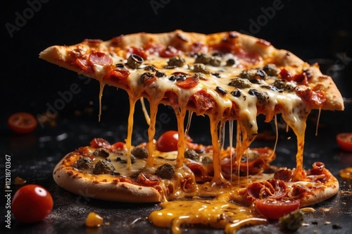 Close up photo of a crispy italian delicious pizza food with melting cheese and salami.
 photo