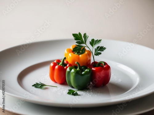 Vibrantly Colored Bell Peppers Garnished with Fresh Parsley on a Clean White Plate Perfect for Culinary Art and Recipe Showcasing.