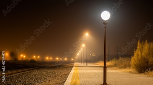 A foggy train station platform illuminated by streetlights creates a moody atmosphere, ideal for conveying themes of solitude, anticipation, or travel in design projects or storytelling, photo