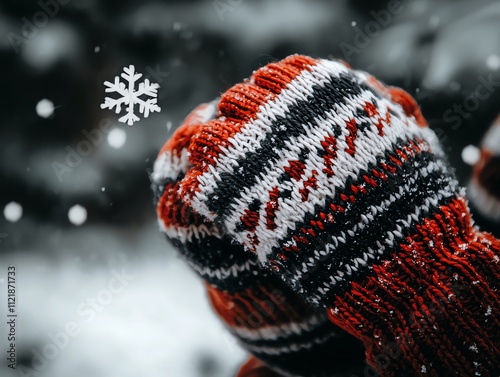 A sharp and detailed image of a cozy red sweater folded neatly, shot in the studio and isolated against a snowflake-patterned background for a warm winter vibe photo