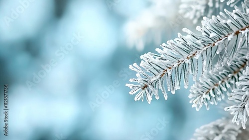 Close-up of snow-covered pine branches, soft blue background photo